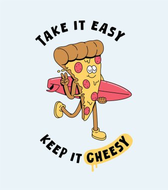 Pizza sörfü retro çizgi film çizimi