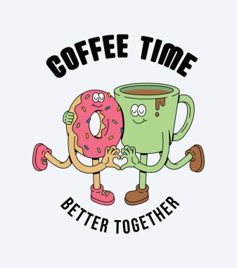 Kahve ve donut retro çizgi film çizimi