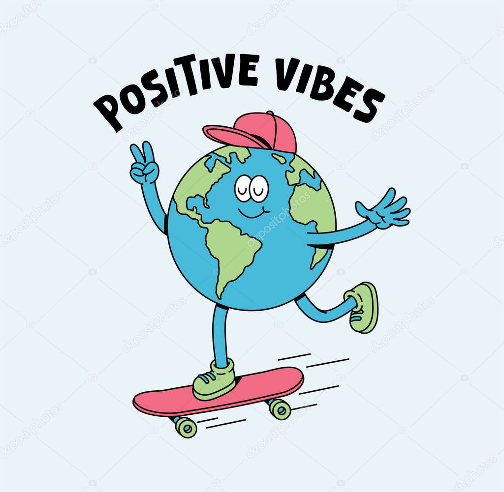 Earth skateboard retro cute illustration