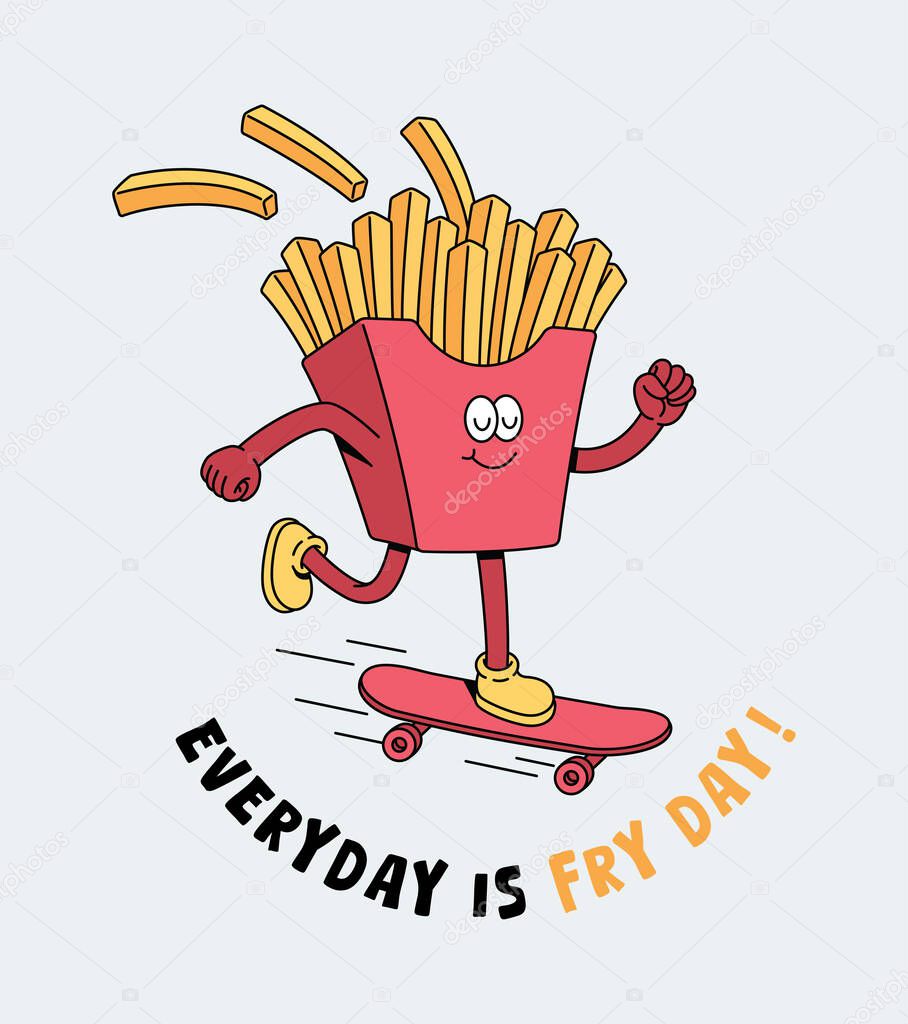 French fries skateboard retro cute illustration