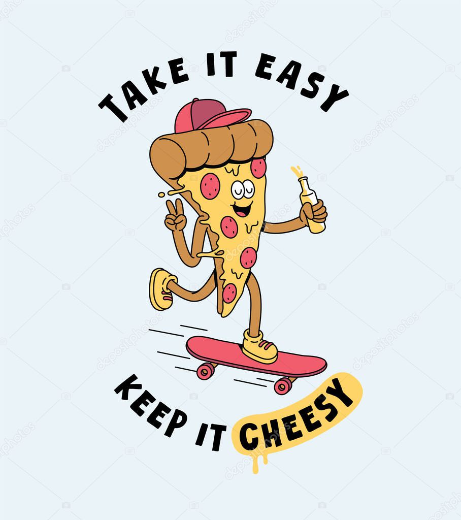 Pizza skateboard retro cartoon illustration