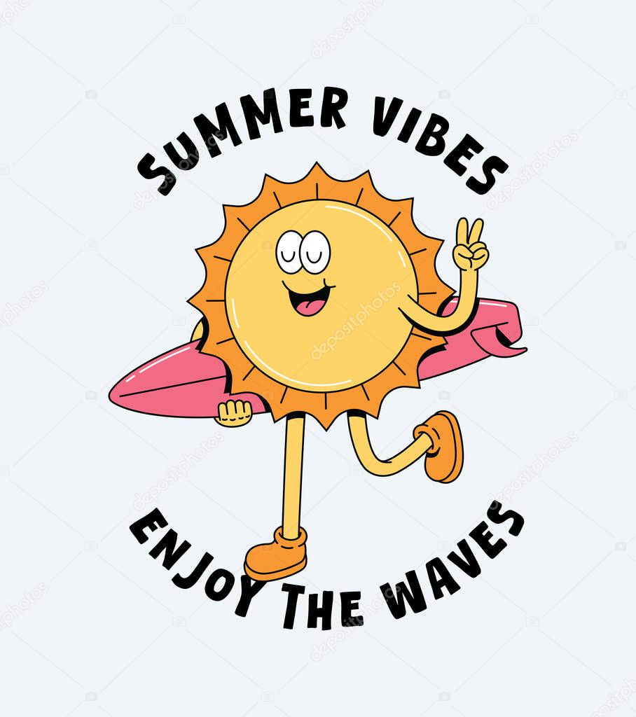 Sun surf retro cartoon illustration