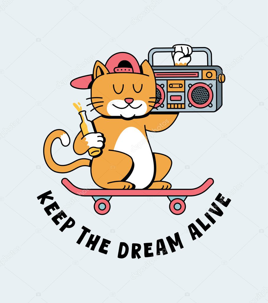 Cat audio boombox retro cartoon illustration