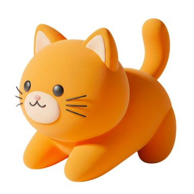 Minimalist 3D sevimli turuncu kedi yavrusu oyuncağı beyaz arka planda izole edilmiş.