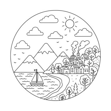 Sunny Coastal Village by the Mountains Lineart Illustration