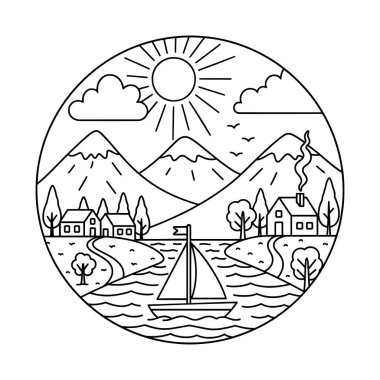 Riverside Mountain Village Çizgi Sanatı İllüstrasyonu