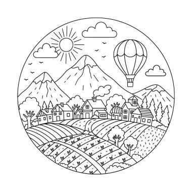 Sıcak Hava Balonu Çiftlik Köyü Çizgi Sanatı İllüstrasyonu Üzerine