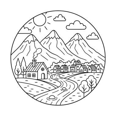 Riverside Mountain Village Çizgi Sanatı İllüstrasyonu