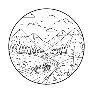 Bear Lineart Illustration ile Nehir Yolculuğu