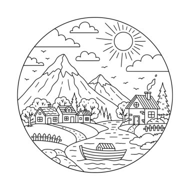 Riverside Mountain Village Çizgi Sanatı İllüstrasyonu