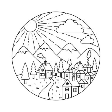 Sunny Mountain Village Lineart İllüstrasyonu