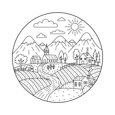 Fields Lineart Illustration ile Sunny Village Manzarası