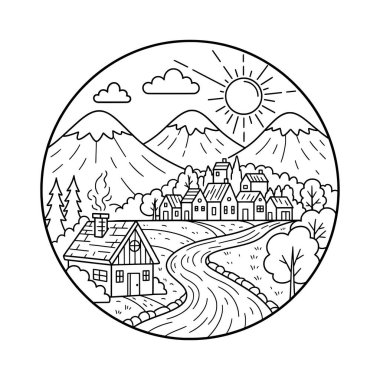 Riverside Mountain Village Çizgi Sanatı İllüstrasyonu