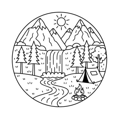 Şelale Çizgisi İllüstrasyonunda Dağ Kampı