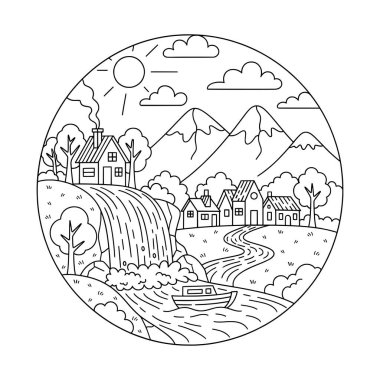Waterfall Lineart Illustration 'un yanındaki Idyllic Village.
