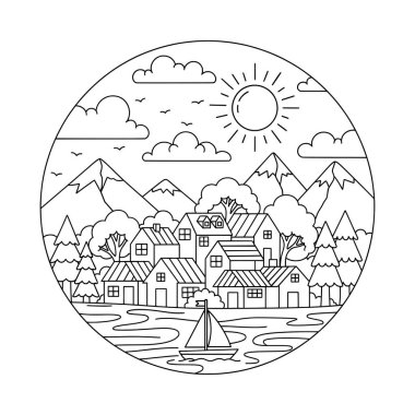 Güneşli Dağların Altındaki Lakeside Köyü