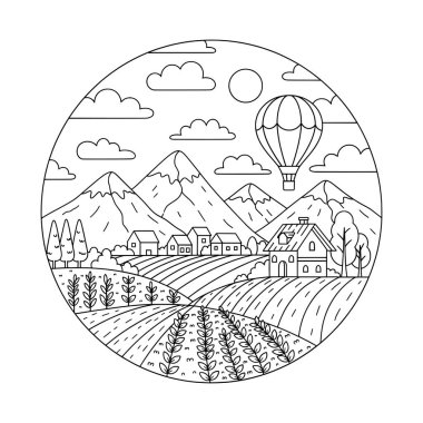 Sıcak Hava Balonu Çiftlik Köyü Çizgi Sanatı İllüstrasyonu Üzerine