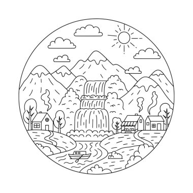 Dağ Şelalesi Çizgi Sanatı İllüstrasyonu 'nun yanındaki Idyllic Köyü