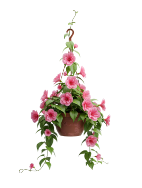 Kademeli Pembe Çiçeklerle Asılı Sepet Minimalist 3D Yumuşak ve Pürüzsüz Hazırlama