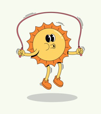 Retro Çizgi Film Güneş Karakteri Mutlu Atlama İpi