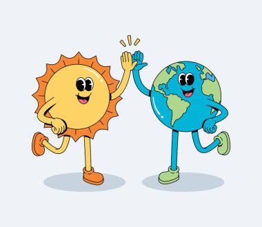 Neşeli Karikatür Güneş ve Dünya Çak Beşlik, Çevresel Ortaklığı ve Pozitif İşbirliği Sembolize Ediyor