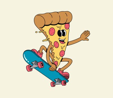 Enerjik çizgi film pizza dilimi karakter kaykayı ve bir numara yaparak gençlik aktiviteleri sergiliyor.