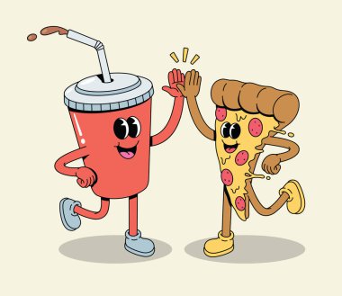Mutlu karikatür soda bardağı ve pizza dilimleri beşlik çakan ve birlikte koşan karakterler, fast food arkadaşlığını simgeliyor.