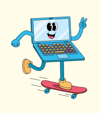 Mutlu çizgi film dizüstü bilgisayar karakteri kaykayda kayıyor, barış işareti gösteriliyor.