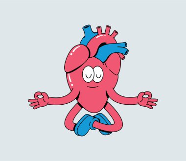 Manyak Karikatür İnsan Kalbi Karakteri Lotus Pozu, Sakin ve Sağlıklı