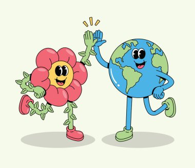 Karikatür çiçekleri ve Dünya karakterleri beşlik çakıyor, çevrenin korunmasını mutlu ifadelerle destekliyor.