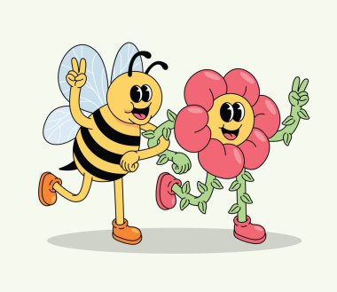 Mutlu Retro Çizgi Filmleri Arı ve Çiçek Arkadaşları El ele tutuşup Barış İşareti Veriyor