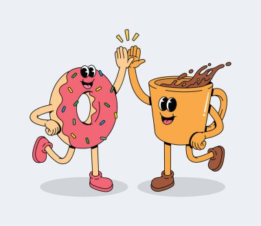 Mutlu Karikatür Donutları ve Kahve Kupaları Çak Beşlik