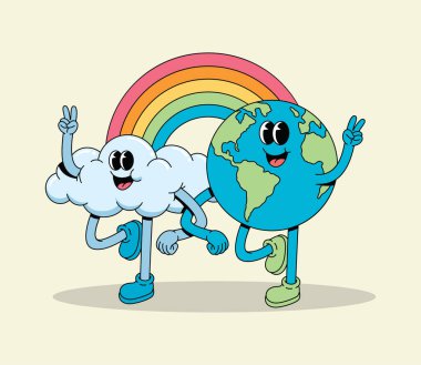 Mutlu Retro Çizgi Filmleri Dünya ve Bulut Karakterleri Birlikte Yürüyor, Renkli Gökkuşağı Altında Barış İşaretleri Sallıyor