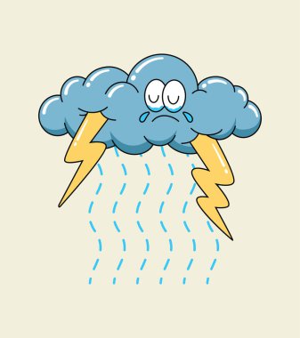 Hüzünlü çizgi film Bulut Karakteri Yağmur damlaları ve yıldırımlarla ağlıyor, Kasvetli bir fırtınayı anlatıyor