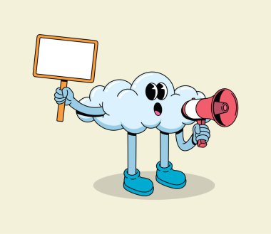 Karikatür Bulut Karakteri Boş İşaret ve Megafon Tutuyor, Bir Duyuru Yapıyor