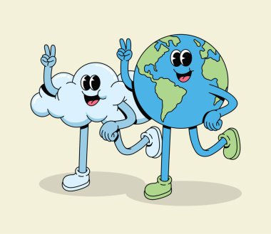 Arkadaş Canlısı Retro Çizgi Film Bulutu ve Dünya Karakterleri Birlikte Yürüyor Barış İşareti Gösteriyor