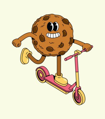 Neşeli Şahane Çizgi Film Kurabiye Karakteri Tekmeleyen Scooter Sürüyor