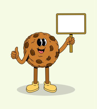 Mutlu çizgi film çikolatalı kurabiye karakteri elinde boş bir işaret tutuyor ve başparmağını kaldırıyor.