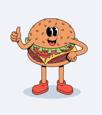 Mutlu Retro Groovy Çizgi Filmi Hamburger Karakteri Başparmaklarını Veriyor