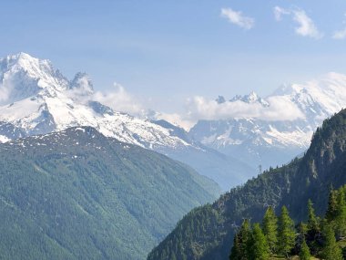İsviçre 'de Mont Blanc ve yeşil Alp Vadisi manzarası