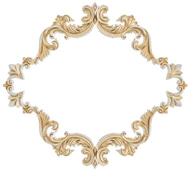 Beyaz süs çerçevesi, beyaz arka planda altın işlemeli, izole edilmiş.