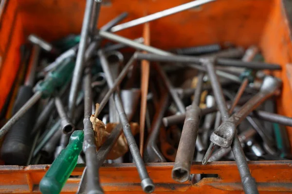 Variety Tools Displayed Wooden Surface Garage Serves Workshop Mechanical Bike — Stock Photo, Image