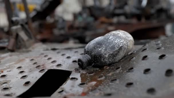 Flask Lying Burned Russian Tank War Ukraine — Stock Video