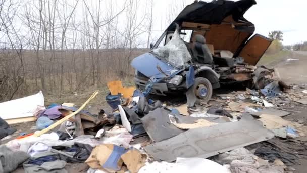 Coche Destruido Por Las Tropas Rusas Guerra Ucrania — Vídeos de Stock