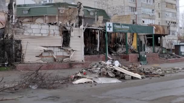 Spalona Apteka Powodu Rosyjskiej Muszli Wojna Ukrainie — Wideo stockowe