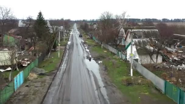 Rue Principale Village Andriivka Avril 2022 Après Invasion Russe Drone — Video