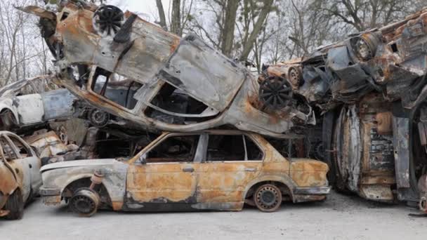 Conseguenze Della Guerra Ucraina Distrussero Auto Nel Distretto Irpin Bucha — Video Stock