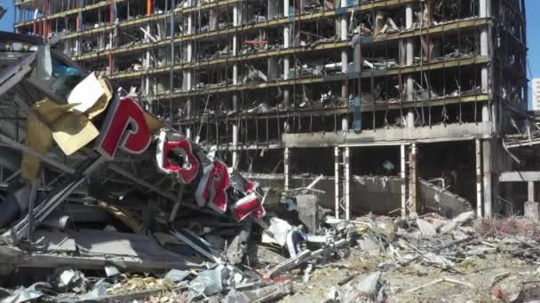Consecuencias Del Bombardeo Kiev Ucrania Primavera 2022 Muestra Centro Comercial — Vídeo de stock