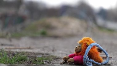 Ukrayna, Chernihiv 'den yürek burkan bir sahnede savaşın sonuçları acı bir şekilde bellidir. Yerde terk edilmiş oyuncak bir maymun, çatışmayla parçalanan masumiyeti temsil ediyor.