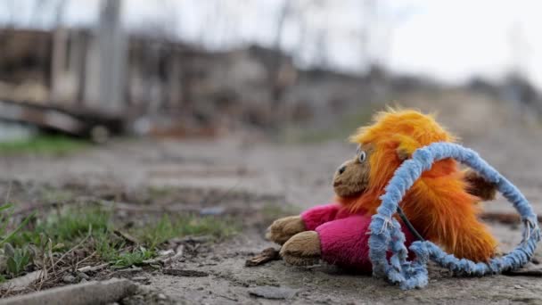 在来自乌克兰切尔尼赫夫的令人痛心的场景中 战争的后果令人痛苦地显而易见 孩子们的玩具猴子 被遗弃在地上 代表着因冲突而破碎的天真 — 图库视频影像